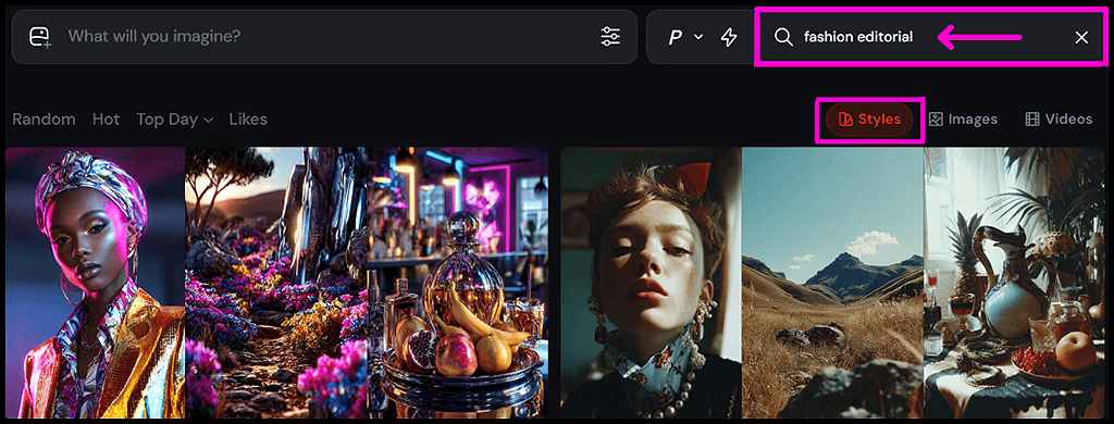 미드저니 Style Explorer, 키워드 'fashion editorial'을 입력하여 유사 스타일을 검색하는 Fuzzy Search 기능 이미지_Midjourney