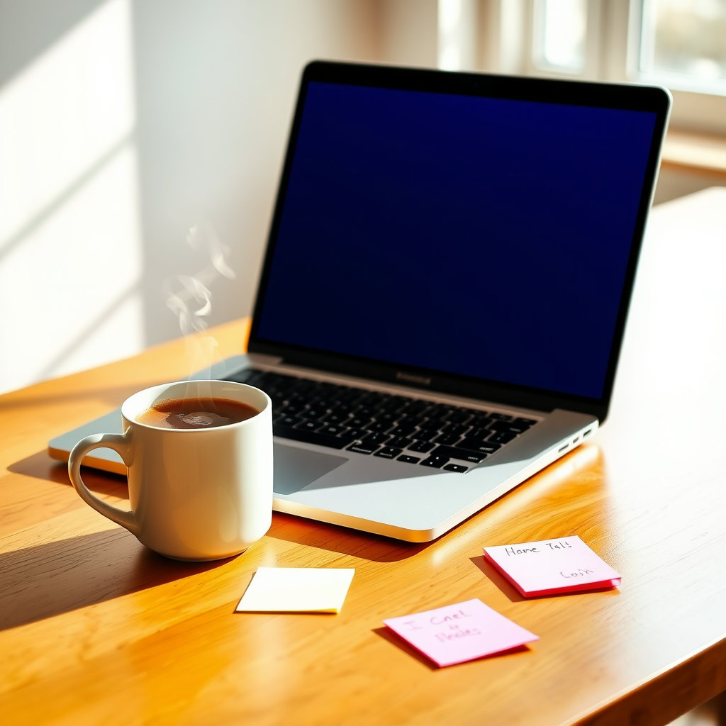 따뜻한 색감의 책상 위에 노트북, 커피잔, 메모지가 있는 장면