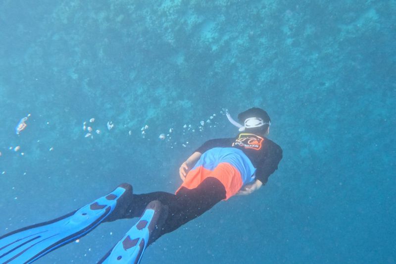 스노클링 장비를 착용하고 몰디브 바다 속을 직접 체험 중인 아이의 수중 모습