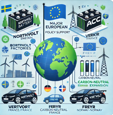유럽 배터리 기업들의 부상과 EU의 정책적 지원을 종합적으로 정리한 인포그래픽