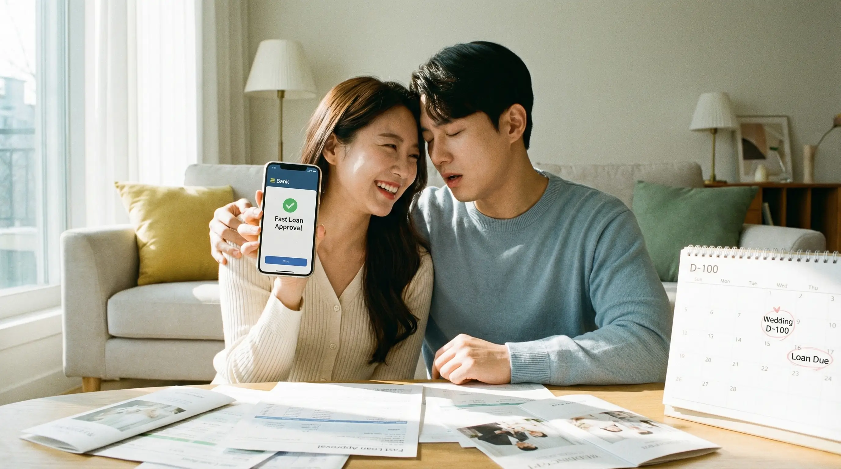 결혼 준비 비용 부족으로 고민하는 예비부부가 간편하고 빠른 대출 방법을 찾고 안도하는 모습
