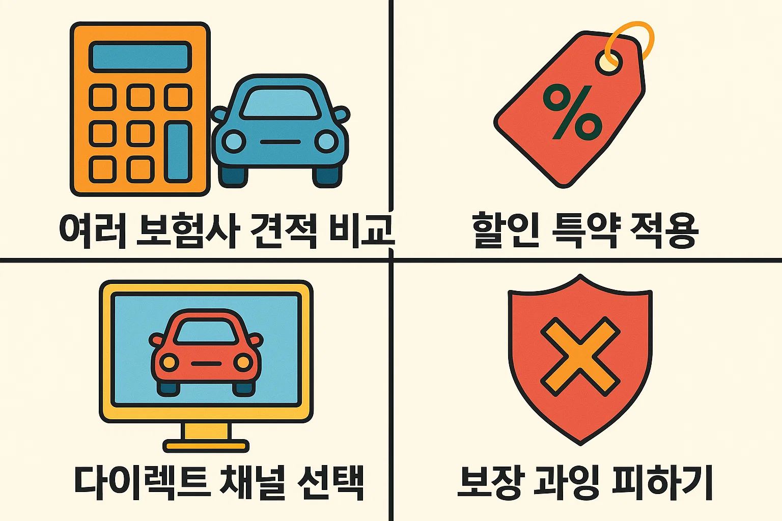 여러 보험사 견적 비교, 할인 특약 활용, 다이렉트 채널 선택, 과잉 보장 피하기 등 자동차보험료를 절약할 수 있는 실질적인 절감 전략을 한눈에 정리한 인포그래픽입니다.