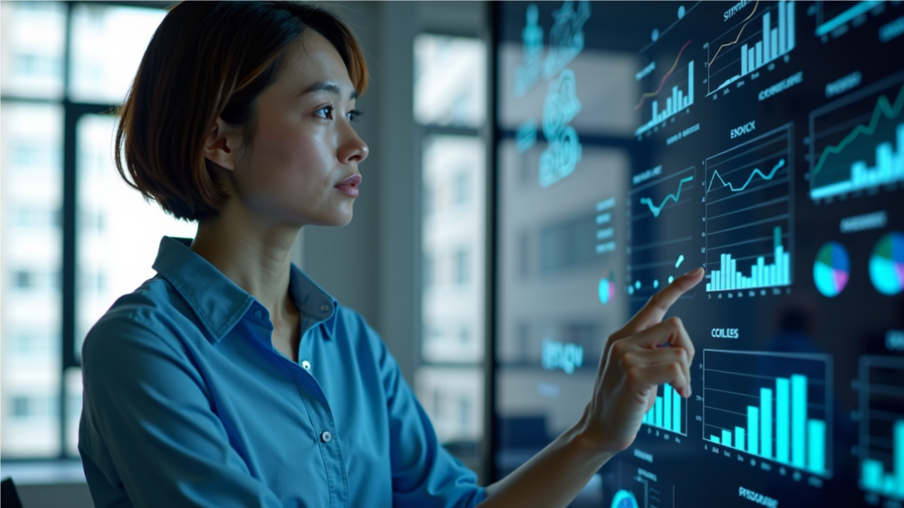 AI 인터페이스가 데이터 노드를 연결하며 지식을 생성하고 이를 바탕으로 최종 답변을 도출하는 디지털 작업 공간의 모습