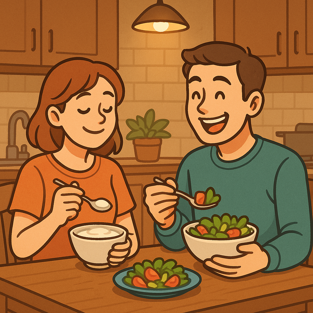 Alt="따뜻한 주방에서 건강한 야식인 요거트와 샐러드를 먹고 만족 해 하고 있는 사람들을 그린 그림"