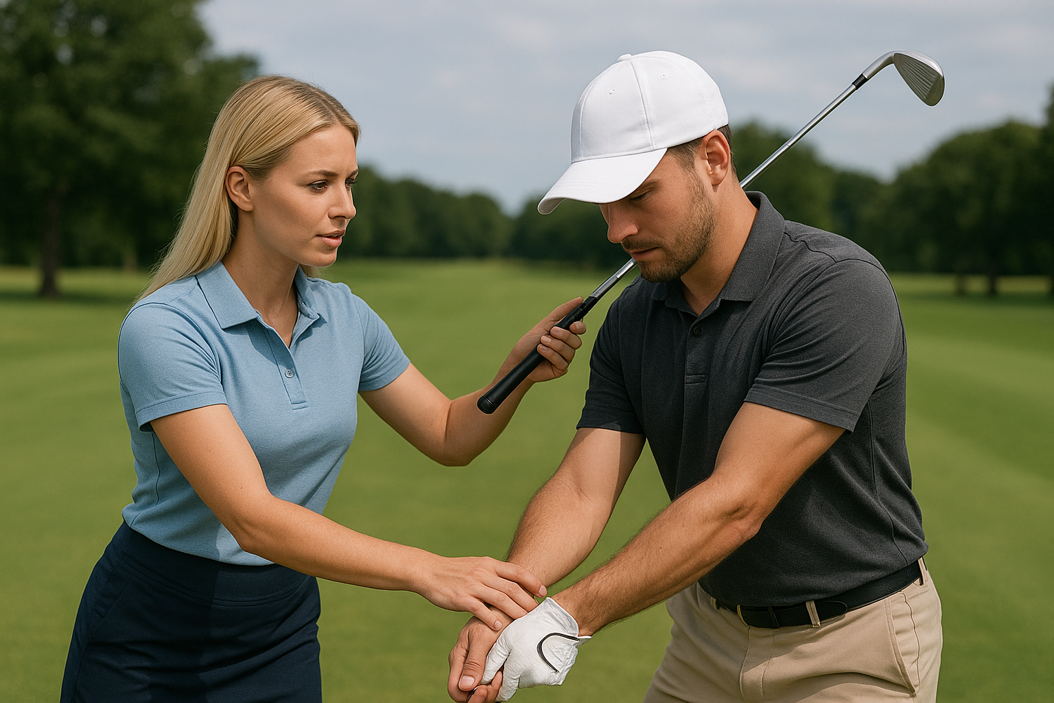 프로 골퍼 여자 코치로 부터 웨지 스윙 궤도 티칭하는 모습
