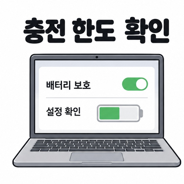 충전 한도 확인이라는 제목 아래 노트북 화면에 켜진 배터리 보호 스위치와 일부 채워진 배터리 표시가 보인다.