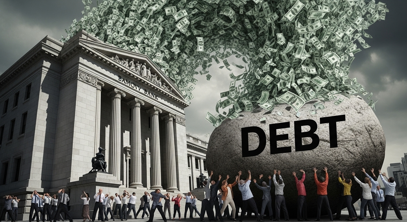 거대한 은행 건물 뒤로 돈이 무한대로 복사되어 날아가는 모습, 그 아래 빚더미에 깔린 사람들의 일러스트