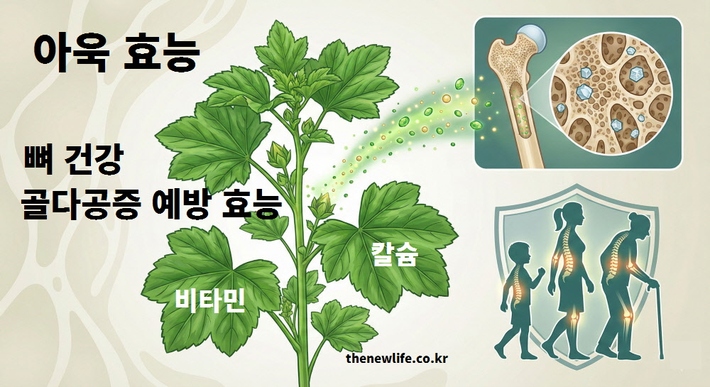 아욱의 칼슘과 비타민 성분이 뼈 속으로 흡수되어 골다공증을 예방하는 과정과 성장기부터 노년기까지의 뼈 건강 중요성을 설명하는 인포그래픽