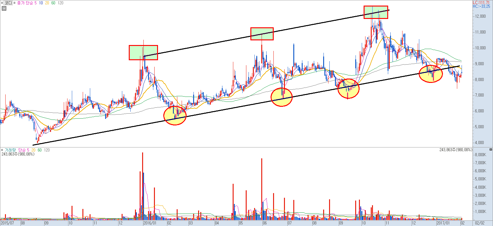 상승 추세의 지지 저항을 표시한 차트 예시