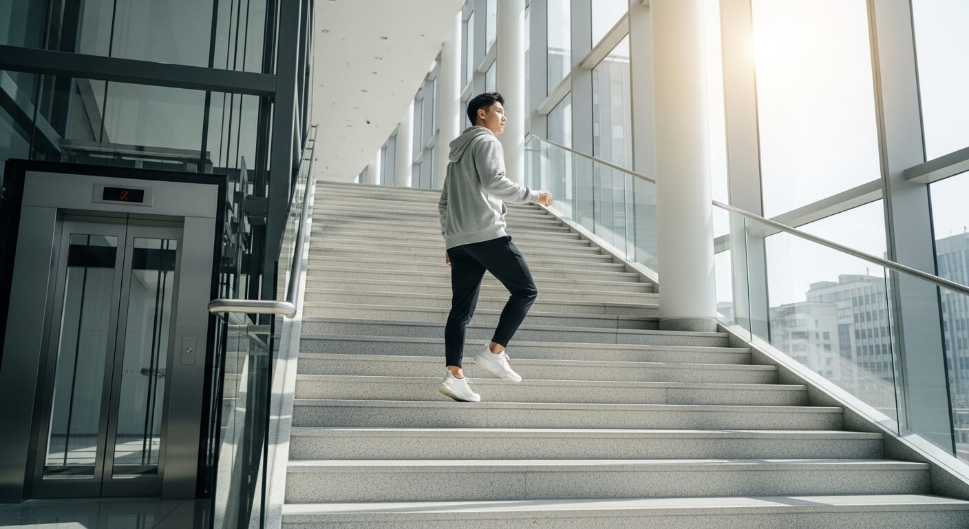 활동량을 늘리기 위해 계단을 이용하는 장면