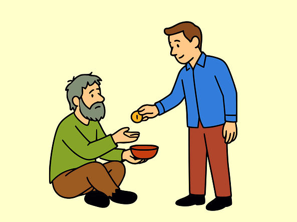 백발을 한 노인 거지가 앉아있다. 그 앞에 있는 젊은 남자가 동전을 들고 거지에게 준다.