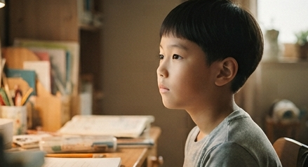 책상 앞에서 멍하니 앉아 있는 아이 옆모습