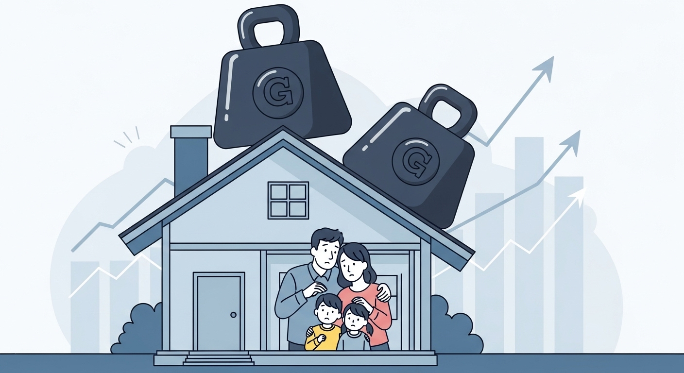 2025년 고금리 시대에 전세자금대출 이자 부담으로 힘들어하는 가정의 모습과 대환대출을 통한 해결의지