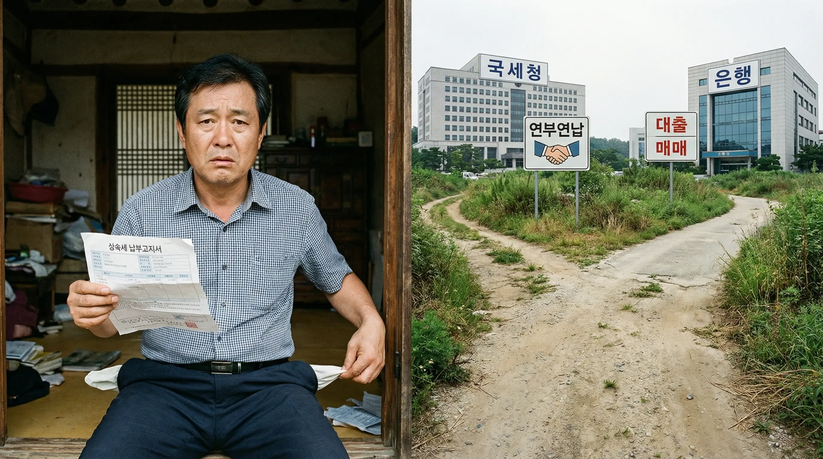 상속세 고지서 앞에서 현금이 없어 고민하는 상속인과 두 가지 해결책(국세청, 은행)의 갈림길 이미지