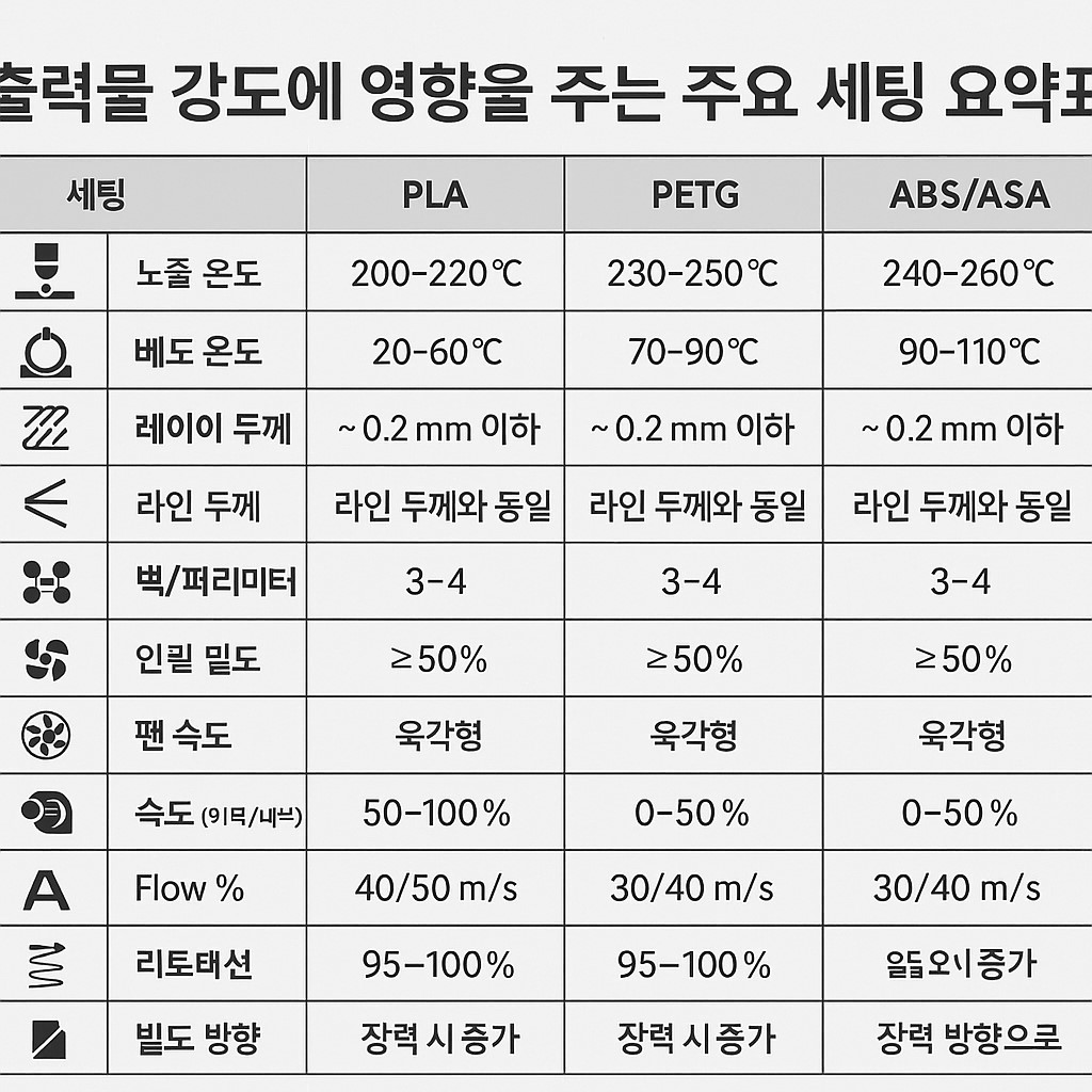 출력물 강도에 영향을 주는 주요 세팅 요약표