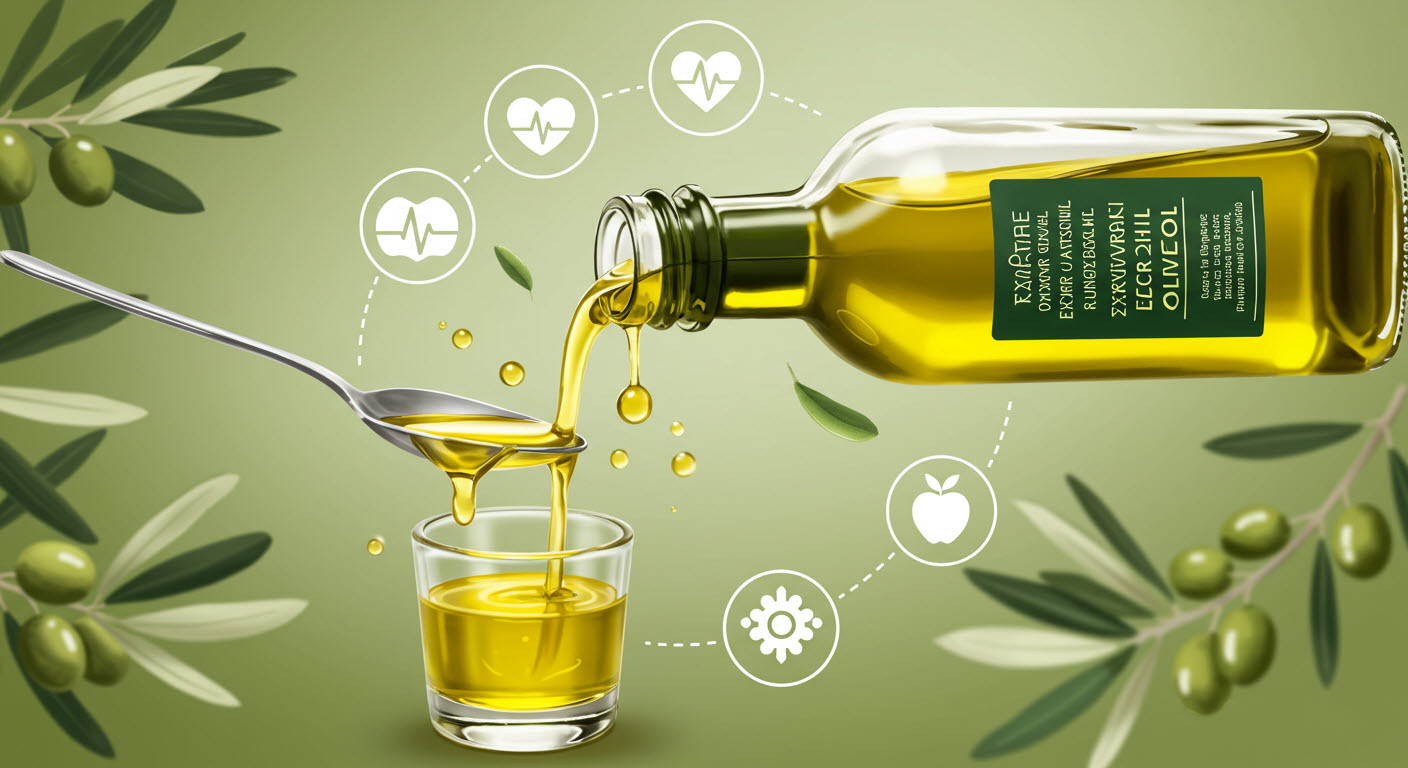 올리브를 컵에따르는데 숫가락이 중간에에 있어 넘치지 않게 하고 있음