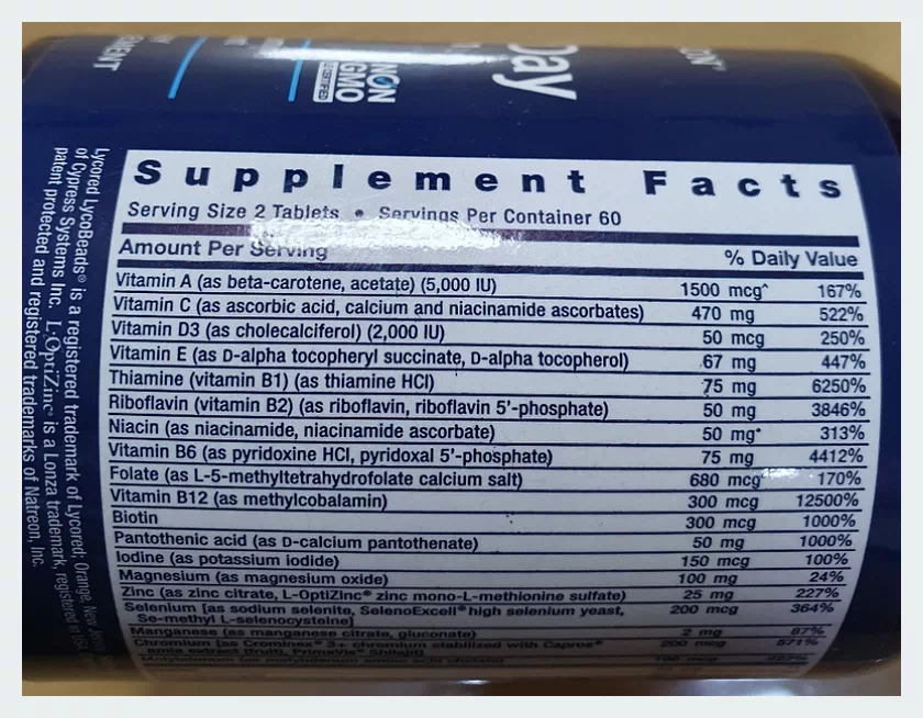 라이프 익스텐션 투퍼데이 종합비타민 영양성분