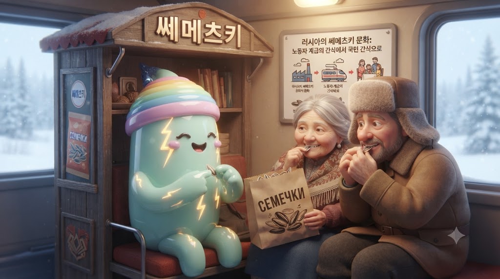 러시아의 낭만적인 시베리아 횡단 열차 안, 3D 쫀쿠가 창밖의 눈밭을 배경으로 러시아인 친구들과 마주 앉아 있습니다. 쫀쿠의 손에는 '쎄메츠키(СЕМЕЧКИ)'라고 적힌 투박한 봉투가 들려 있고, 테이블 위에는 껍데기들이 수북이 쌓여 있습니다. 서로 씨앗을 까먹으며 어색함 없이 자연스럽게 대화를 나누는 화기애애한 모습이 입체적으로 표현되었습니다.