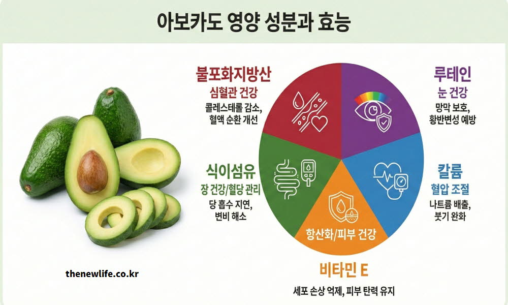 아보카도 효능의 주요 영양 성분과 건강 작용을 한눈에 설명하는 이미지