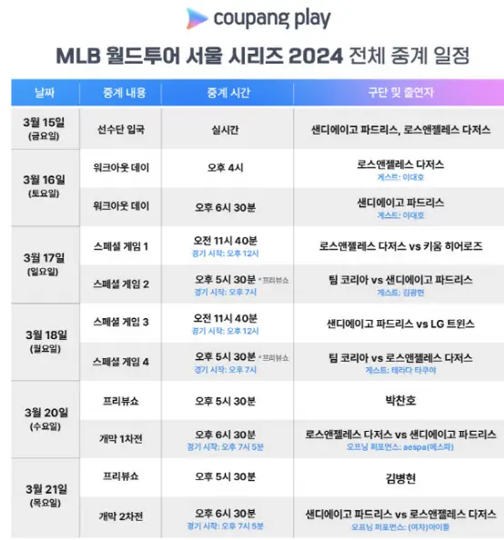 MLB 월드투어 서울시리즈 전체 중계 일정표