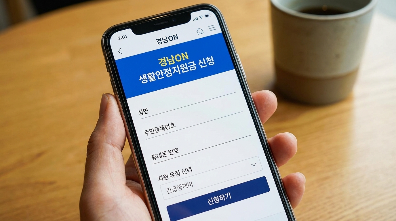 경남ON 모바일 앱을 통해 생활지원금을 신청하는 스마트폰 화면