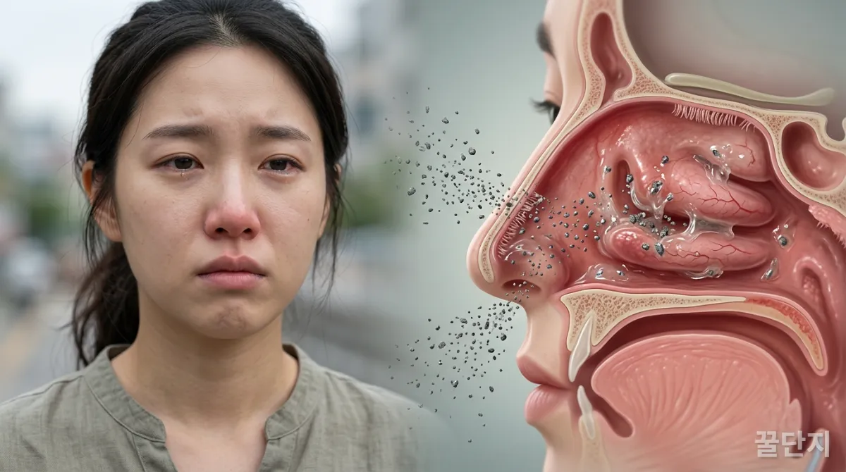 미세먼지가 코 점막을 자극하여 비염을 유발하는 과정을 시각화한 이미지