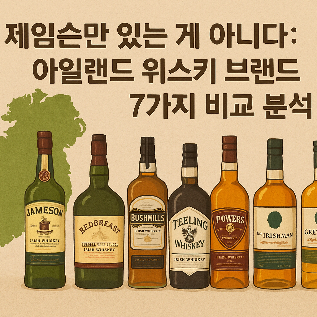 아일랜드 지도와 함께 7종 아일랜드 위스키 병이 나란히 서 있는 감성 일러스트