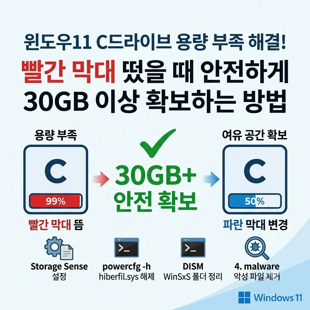 윈도우11 C드라이브 용량 부족 빨간 막대 해결 및 30GB 정리 방법