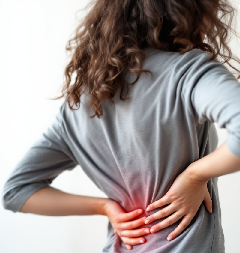 요통으로 허리를 감싸고 있는 여성의 사진