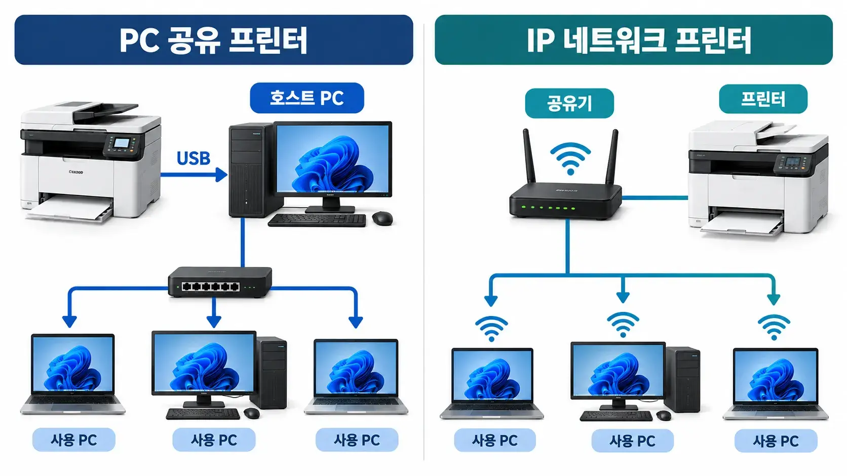 USB 프린터를 호스트 PC에서 공유하는 방식과 IP 네트워크 프린터를 공유기에 연결하는 방식 비교 인포그래픽