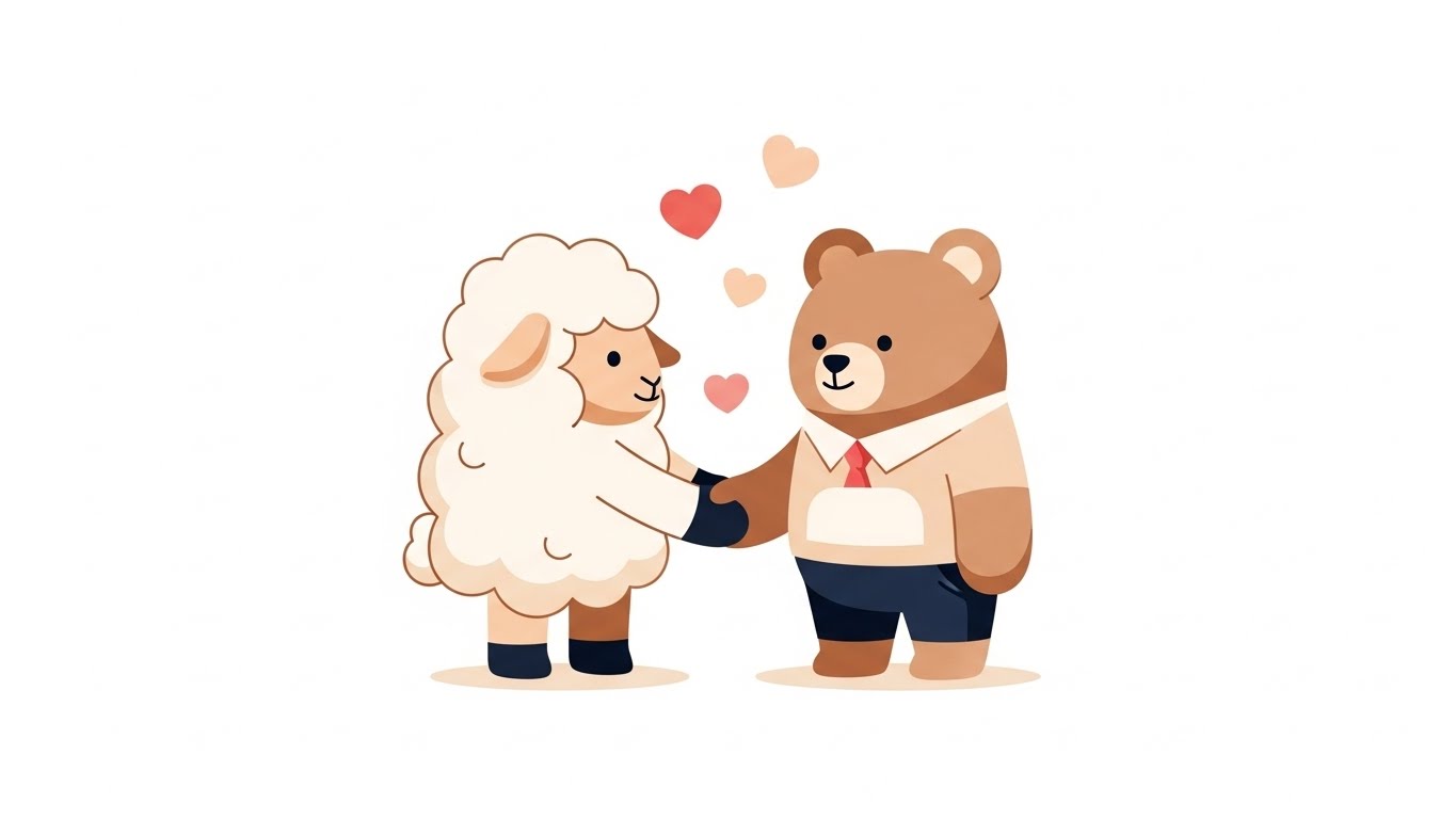 다른 동물 친구와 악수를 하며 따뜻한 협력을 약속하는 양 캐릭터 일러스트