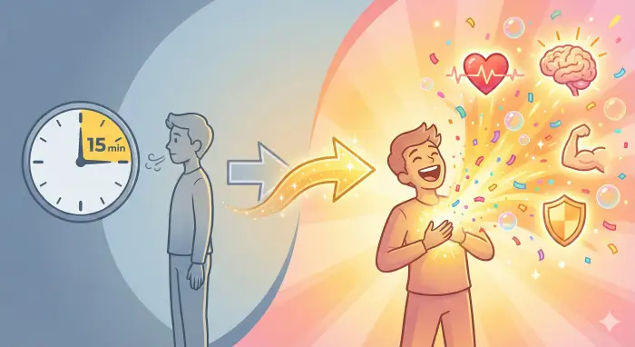 분할된 화면의 왼쪽에는 15분이 표시된 시계와 준비하는 사람이 있고, 중앙의 화살표를 지나 오른쪽에는 크게 웃는 사람에게서 황금빛 에너지와 함께 심장, 뇌, 근육, 면역 방패 등 건강 아이콘이 뿜어져 나오는 모습을 대조적으로 보여주는 인포그래픽 이미지.