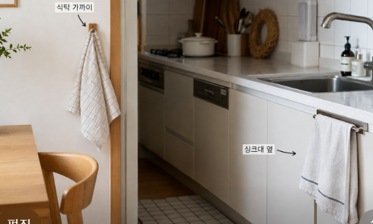 식탁 가까이에 행주 한 장이 걸려 있고 싱크대 옆에는 다른 행주가 따로 펼쳐져 있는 모습