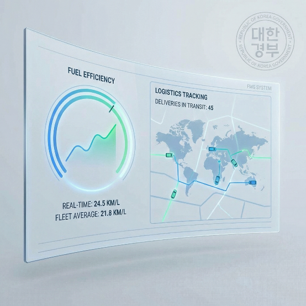 실시간 연비와 물류 추적 데이터를 보여주는 디지털 대시보드 일러스트레이션. 한국 정부의 유가보조금 관리시스템(FMS)을 상징하는 로고가 조화롭게 배치되어 있으며, 투명하고 스마트한 보조금 관리를 나타내는 8k 고해상도 그래픽.
