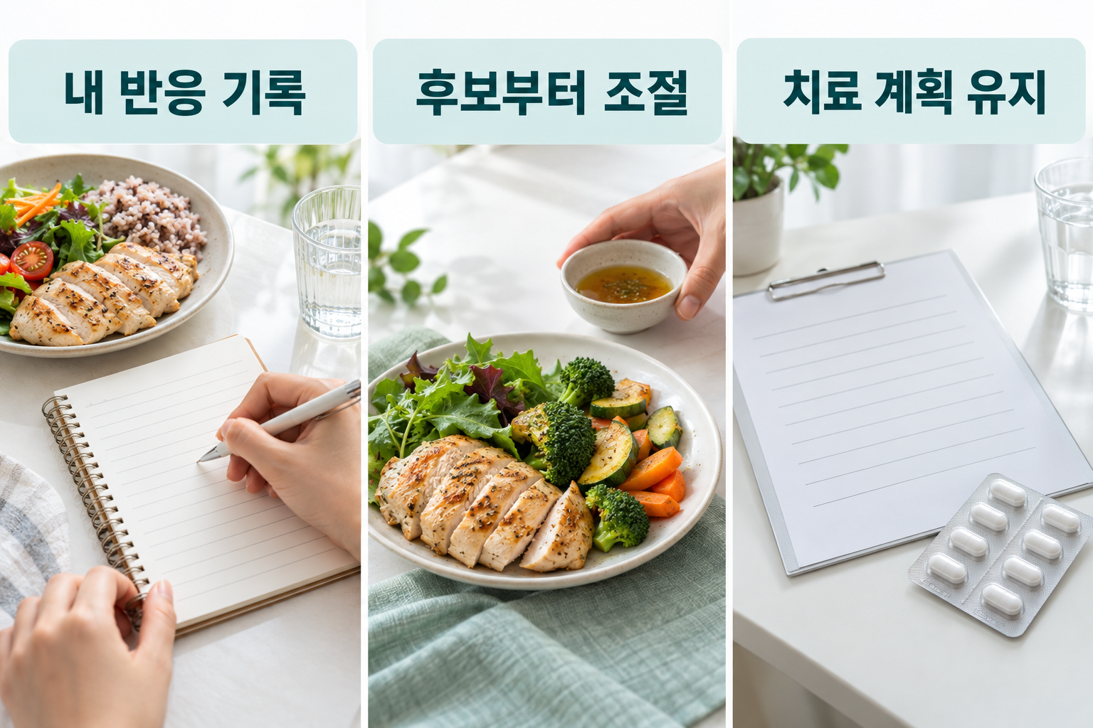 식사와 빈 기록장, 소스를 따로 둔 음식, 약 옆의 문서를 세 장면으로 나눈 모습