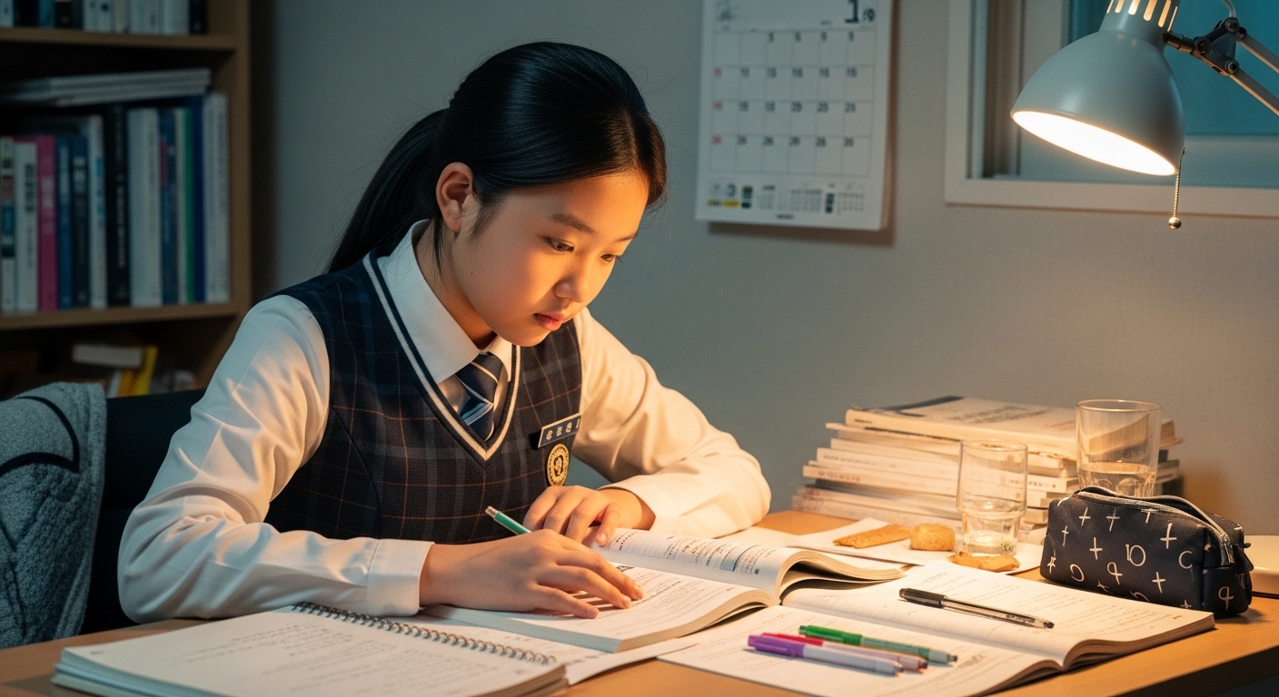 책상에 앉아서 공부하는 여중생