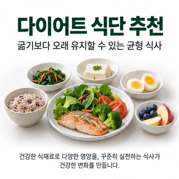 다이어트 식단 추천과 채소 단백질 통곡물 과일을 균형 있게 담은 식사를 보여주는 교육용 이미지