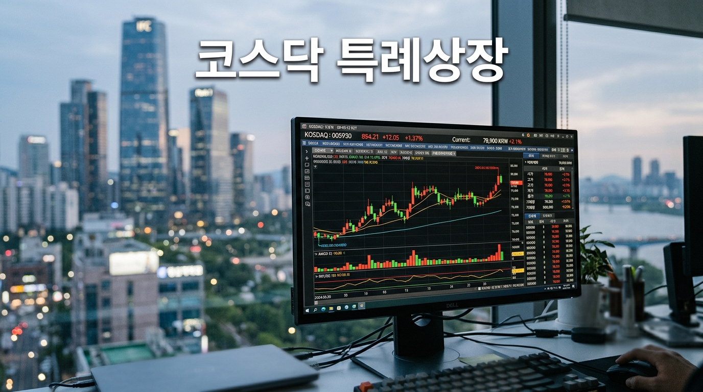 코스닥 특례상장과 공모주 투자를 보여주는 증권 모니터 사진