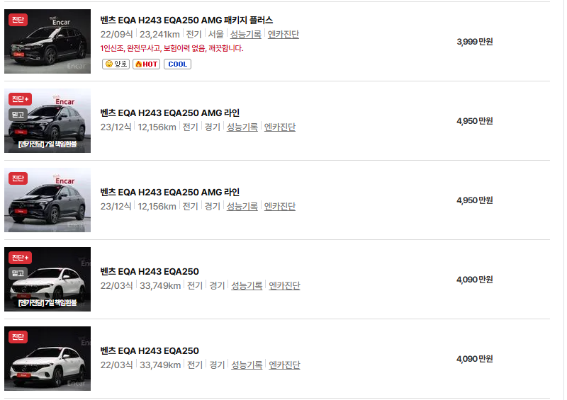 벤츠 EQA 중고차 가격 시세표 유지비