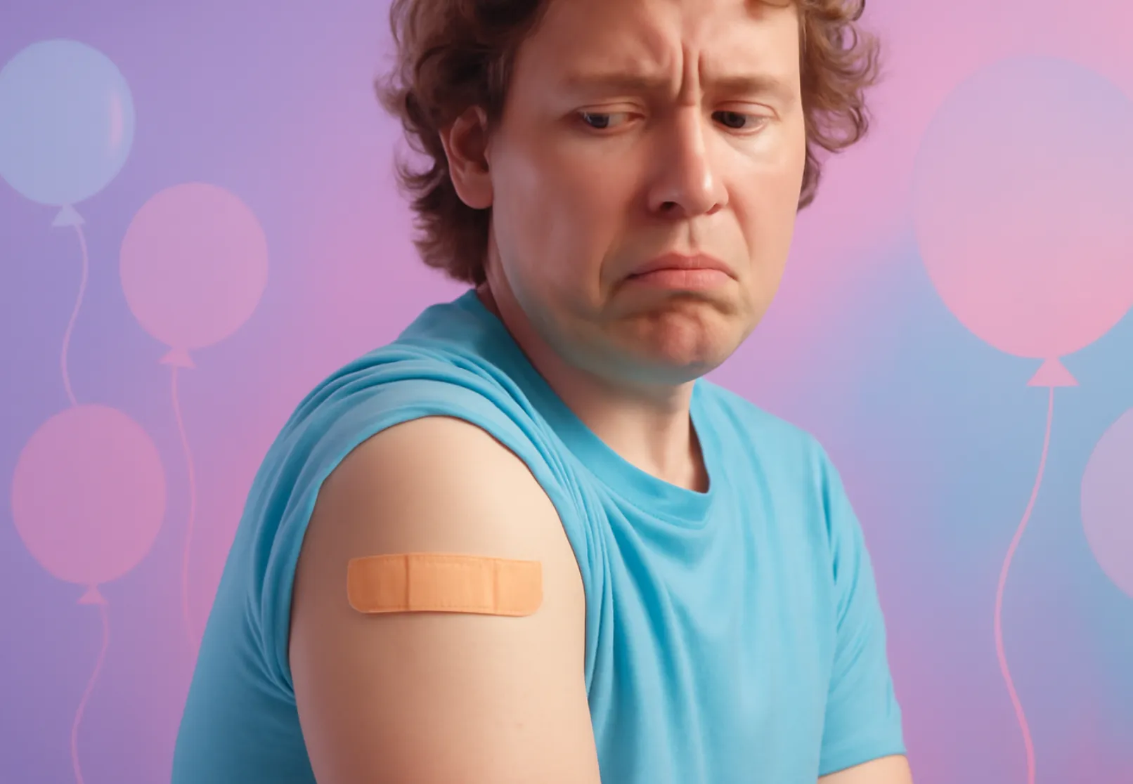 젊은 청년이 폐렴 예방접종을 접종하고 아파하는 모습