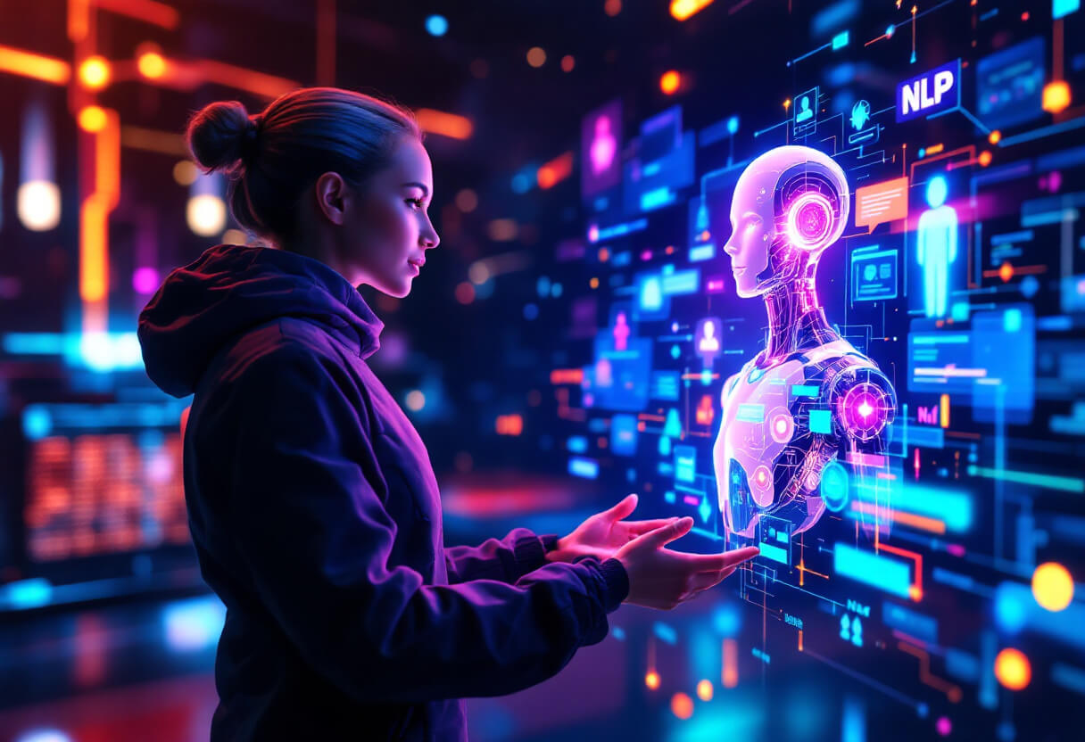 한 여성 사용자가 첨단 AI 챗봇과 대화하는 모습. 챗봇은 디지털 홀로그램 형태로 표현되어 있으며, 주위에는 NLP(자연어 처리) 및 다양한 데이터 시각화 요소가 반짝이는 미래지향적인 인터페이스가 돋보입니다. 어두운 배경과 네온 컬러의 조명이 디지털 기술과 혁신적인 분위기를 강조합니다
