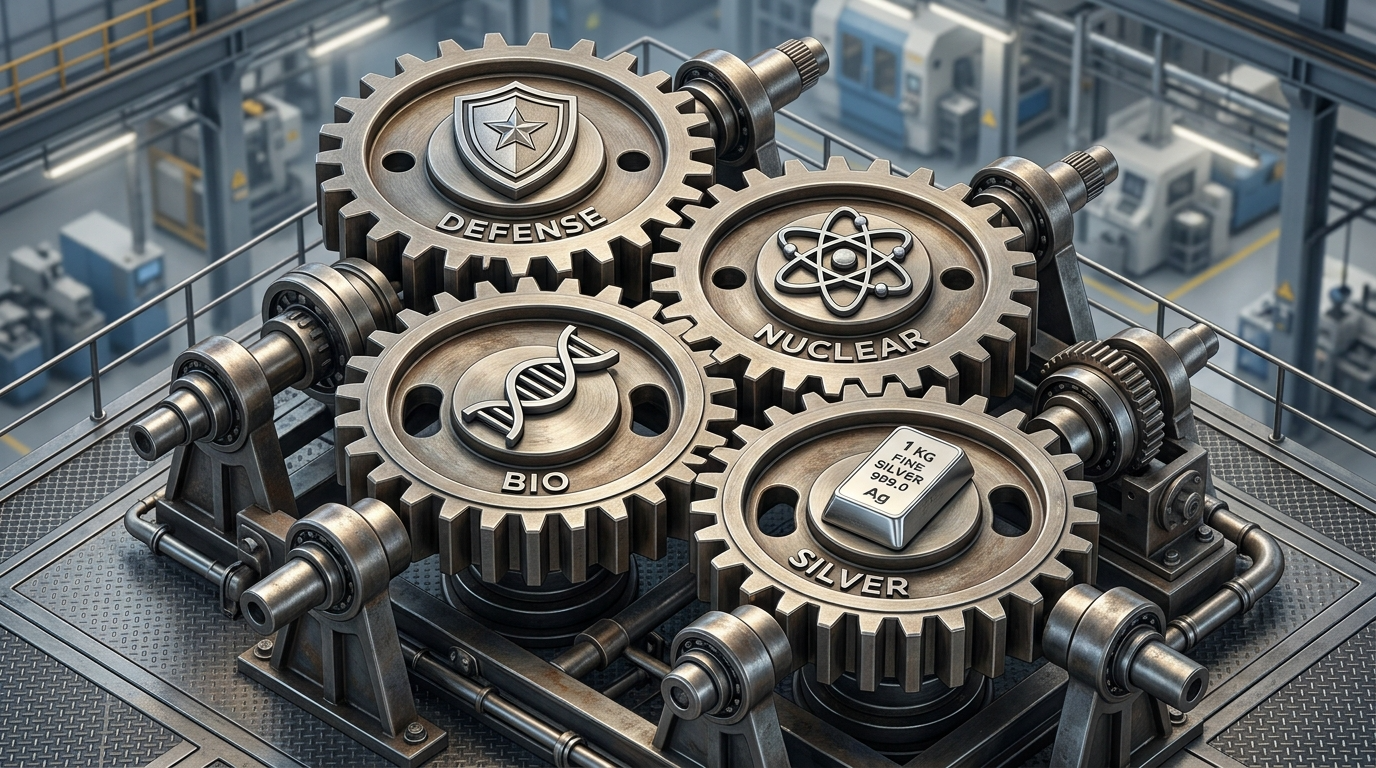 방산, 바이오, 원전, 실버 네 가지 섹터가 톱니바퀴처럼 맞물려 돌아가는 인포그래픽