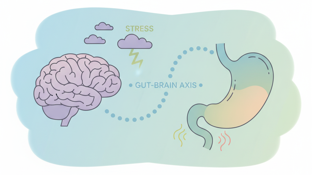뇌와 장이 연결된 모습을 나타내며, 스트레스가 설사에 미치는 영향을 상징하는 그림