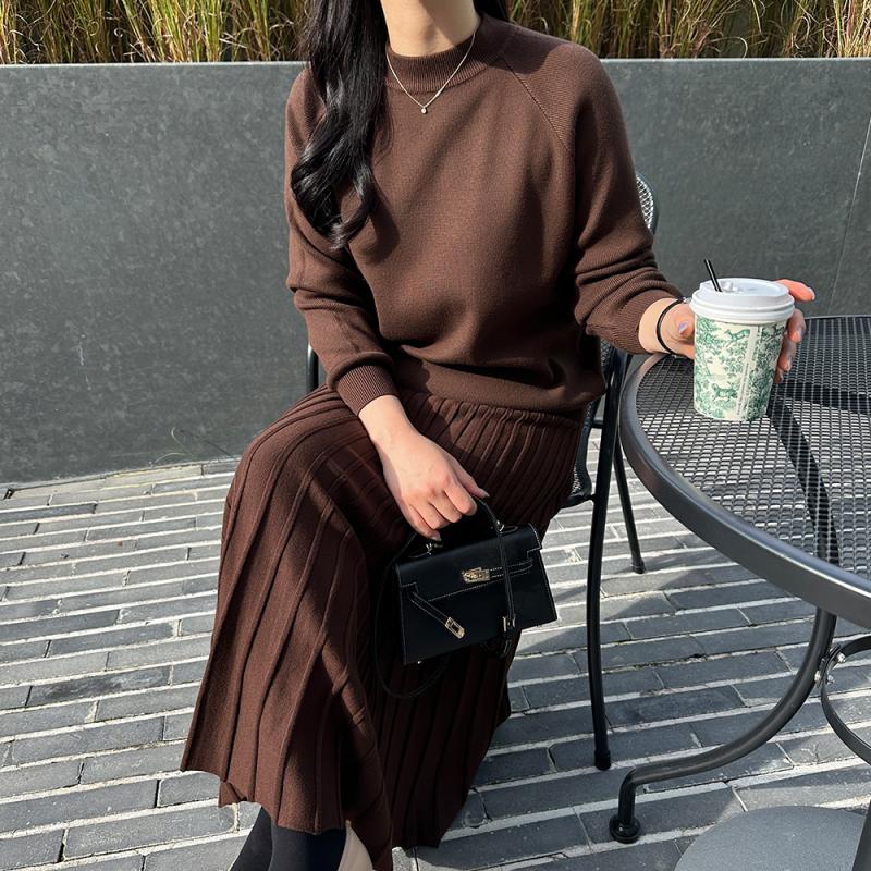 니트 투피스 세트 플리츠 맥시 탄탄한 겨울 가을 여성투피스