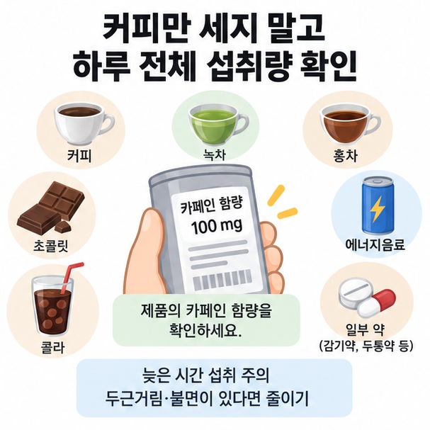 커피, 차, 초콜릿, 에너지음료 등 여러 카페인 섭취원을 함께 확인하는 이미지