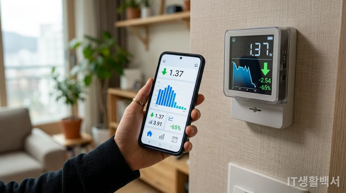 전기 요금 절감 그래프를 보여주는 스마트폰 앱 화면과 가정용 전력량계