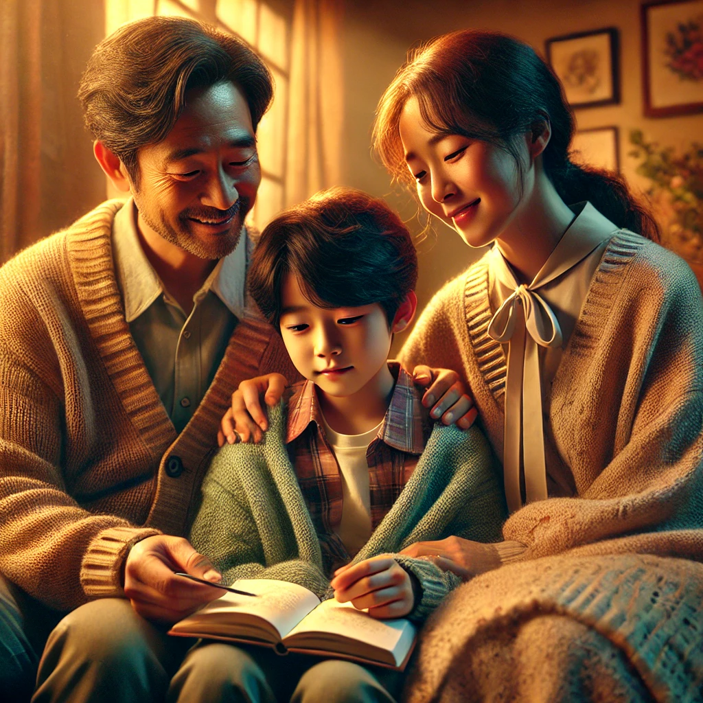 실수를 통해 배우는 아이와, 이를 격려하는 부모의 사랑이 담긴 장면이 따뜻한 분위기를 연출하고 있습니다.