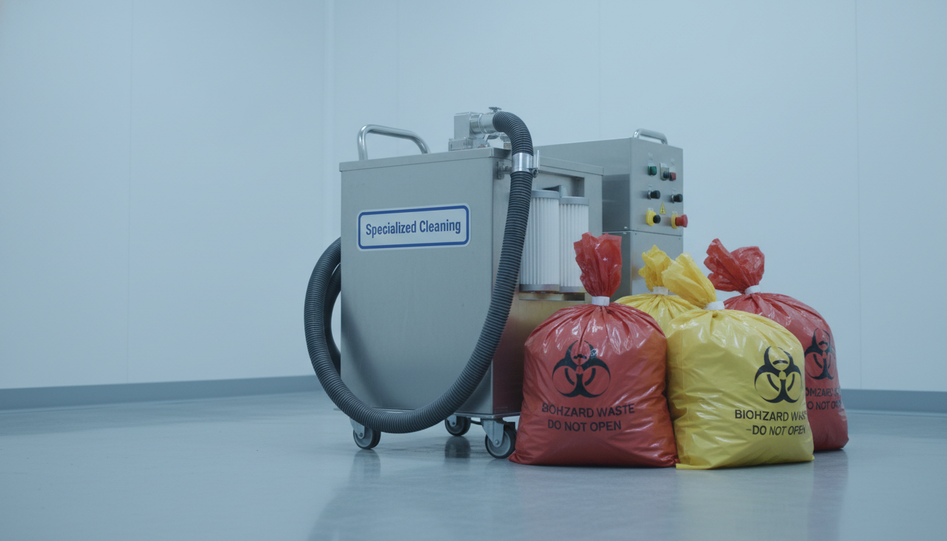 특수청소에 사용되는 전문 장비와 깔끔하게 포장된 폐기물 처리 용품
