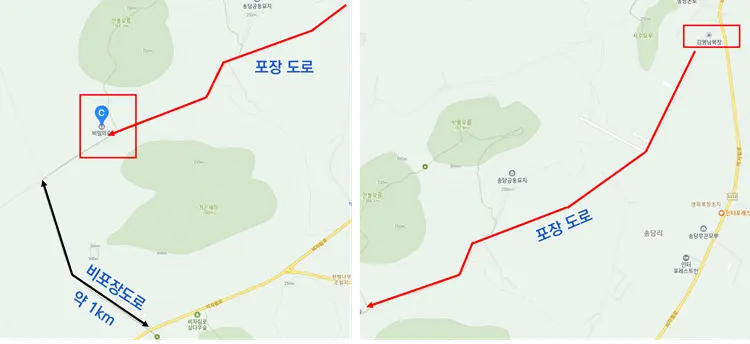 김영남목장을 경유지로 넣은 후 도착지를 비밀의 숲으로 입력하면 포장 도로로 안내받을 수 있다.