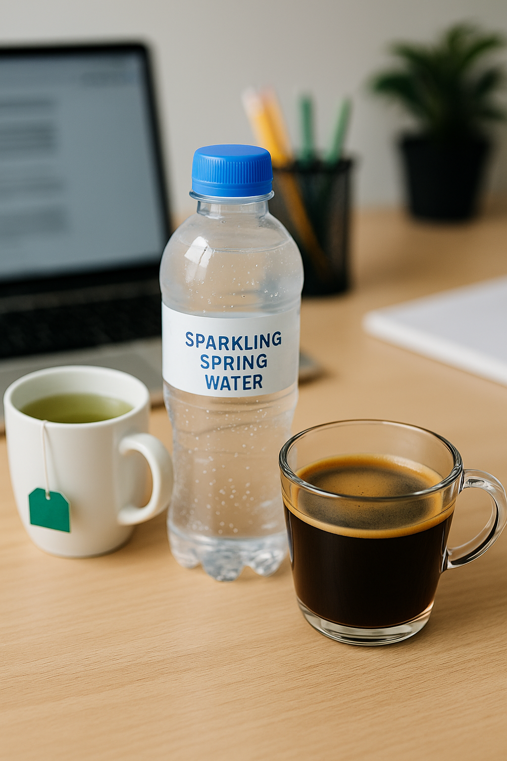 책상 위에 놓인 아메리카노, 녹차, 스파클링 워터 등 다양한 저칼로리 다이어트 음료